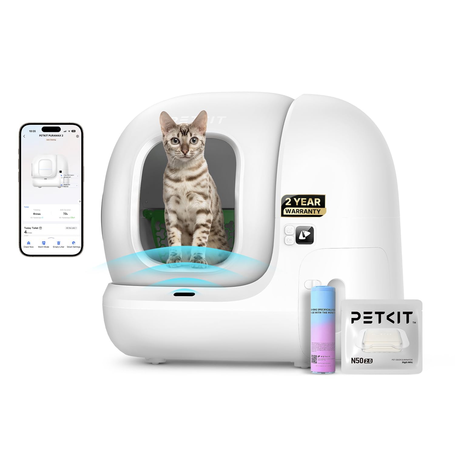 Automatic self-cleaning cat litter box with a cat beside it